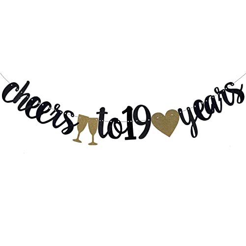 Cheers to 19 Years Banner Black Paper Sign Pre-Strung - Happy 19th Birthday Party Decorations - 19th Wedding Anniversary Decorations