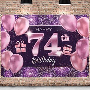 pakboom happy 74th birthday banner backdrop – 74 birthday party decorations supplies for women – pink purple gold 4 x 6ft