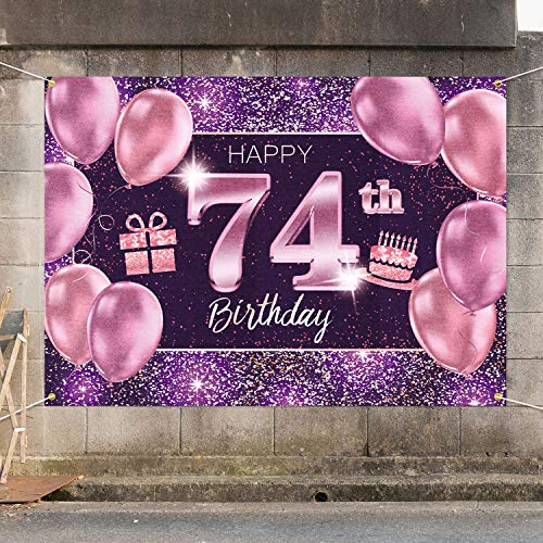 PAKBOOM Happy 74th Birthday Banner Backdrop - 74 Birthday Party Decorations Supplies for Women - Pink Purple Gold 4 x 6ft