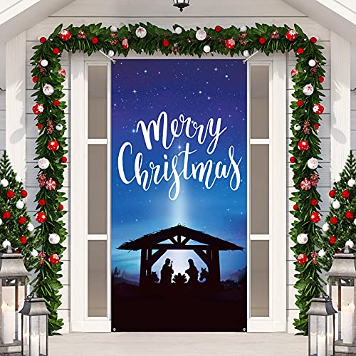 Christmas Door Decoration Merry Christmas Jesus Door Cover Holy Night Christ Born Photography Background Xmas Baptism Front Door Banner Shepherd Santa Mary Starry Backdrop Party Supplies