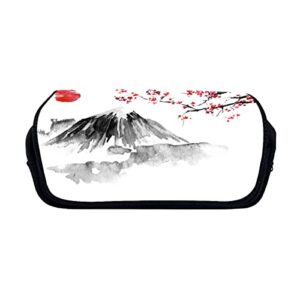 pencil case japanese mount fuji cherry blossoms sakura sunset asia ink painting large capacity bag for student office college travel adult girl boy, black 4