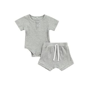 Infant Baby Boys Girls Summer Outfits Ribbed Knitted Cotton Short Sleeve Romper Jumpsuit Shorts Newborn 2 Piece Clothes Set (E Gray , 0-3 Months )