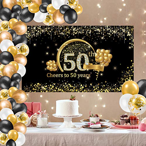 Kauayurk 50th Birthday Banner Backdrop with Balloon Garland Arch Decorations - Gold Extra Large Cheers to 50 Years Birthday Party Photo Booth Background and Balloon Garland Supplies
