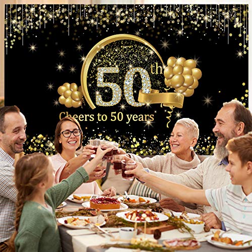 Kauayurk 50th Birthday Banner Backdrop with Balloon Garland Arch Decorations - Gold Extra Large Cheers to 50 Years Birthday Party Photo Booth Background and Balloon Garland Supplies