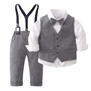 Infant Long Sleeve Dress Shirt with Bowtie + Suspender Pants + Vest Tuxedos Formal Suits for Baby Boys Gray 18-24M