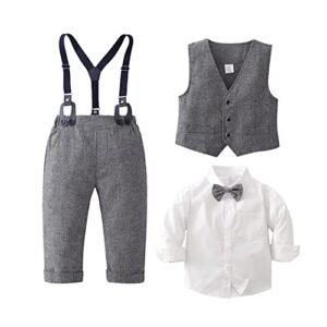 Infant Long Sleeve Dress Shirt with Bowtie + Suspender Pants + Vest Tuxedos Formal Suits for Baby Boys Gray 18-24M