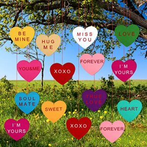 tatuo 24 pieces valentine’s day conversation heart felt garland heart shaped hanging garland yard sign outdoor lawn decoration with red ribbon for valentine’s day wedding parties decorations