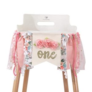Girl Highchair Banner - floral Birthday Party Decoration, Rustic High Chair Banner For 1st Birthday Girl, Cake Smash Photo Prop, Gold One Birthday Sign（Flower One Banner)