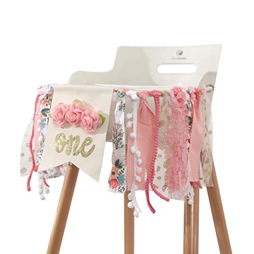 Girl Highchair Banner - floral Birthday Party Decoration, Rustic High Chair Banner For 1st Birthday Girl, Cake Smash Photo Prop, Gold One Birthday Sign（Flower One Banner)