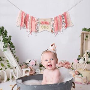 Girl Highchair Banner - floral Birthday Party Decoration, Rustic High Chair Banner For 1st Birthday Girl, Cake Smash Photo Prop, Gold One Birthday Sign（Flower One Banner)