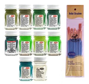 testors green enamel paint variety, green, flat green, flat beret green, metal flake green, fluorescent green, sublime green, bright lime, teal, flat army olive, and thinner, 1/4 oz (pack of 10) – with make your day paintbrushes