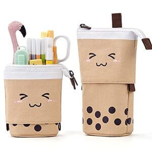 pencil case standing pen holder telescopic makeup pouch pop up cosmetics bag stationery office organizer box for students unsex adults (brown)
