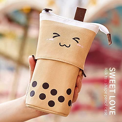 Pencil Case Standing Pen Holder Telescopic Makeup Pouch Pop Up Cosmetics Bag Stationery Office Organizer Box for Students Unsex Adults (Brown)