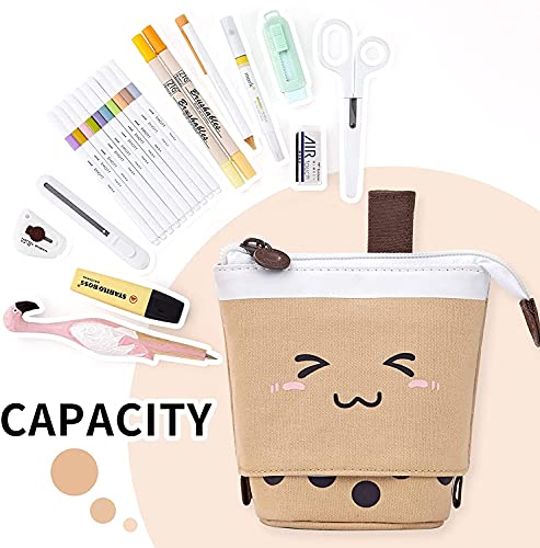 Pencil Case Standing Pen Holder Telescopic Makeup Pouch Pop Up Cosmetics Bag Stationery Office Organizer Box for Students Unsex Adults (Brown)