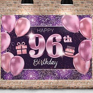 pakboom happy 96th birthday banner backdrop – 96 birthday party decorations supplies for women – pink purple gold 4 x 6ft