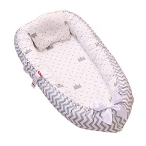 vohunt baby lounger for newborn,100% cotton co-sleeper for baby in bed with handles,soft newborn lounger adjustable size & strong zipper lengthen space to 3 tears old(wave white crown)