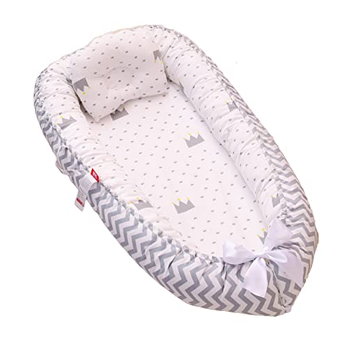 Vohunt Baby Lounger for Newborn,100% Cotton Co-Sleeper for Baby in Bed with Handles,Soft Newborn Lounger Adjustable Size & Strong Zipper Lengthen Space to 3 Tears Old(Wave White Crown)