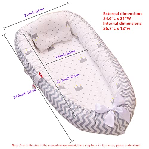 Vohunt Baby Lounger for Newborn,100% Cotton Co-Sleeper for Baby in Bed with Handles,Soft Newborn Lounger Adjustable Size & Strong Zipper Lengthen Space to 3 Tears Old(Wave White Crown)