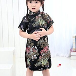 Hooyi Floral Baby Qipao Girl Dress Chi-Pao Cheongsam Kids Dresses (Black Peony, 8)