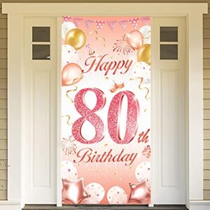 dpkow rose gold 80th birthday party decoration for woman, rose gold 80th birthday banner for backdrop door decoration,80th birthday background banner for garden wall decoration, 185 x 90cm fabric