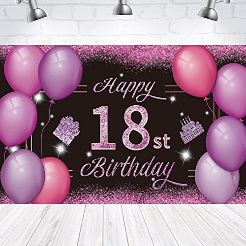 Happy 18st Birthday Backdrop Banner Pink Purple 18th Sign Poster 18 Birthday Party Supplies for Anniversary Photo Booth Photography Background Birthday Party Decorations, 72.8 x 43.3 Inch