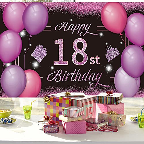 Happy 18st Birthday Backdrop Banner Pink Purple 18th Sign Poster 18 Birthday Party Supplies for Anniversary Photo Booth Photography Background Birthday Party Decorations, 72.8 x 43.3 Inch