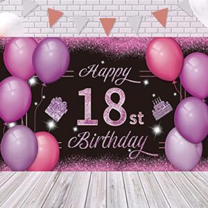 Happy 18st Birthday Backdrop Banner Pink Purple 18th Sign Poster 18 Birthday Party Supplies for Anniversary Photo Booth Photography Background Birthday Party Decorations, 72.8 x 43.3 Inch