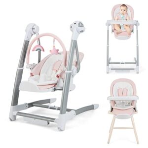 baby joy baby swings for infants, 3 in 1 foldable high chair w/ 8 adjustable height, 5-position backrest, 3 timer settings, 12 melodies and 5 natural sounds, booster seat for dining table (pink)