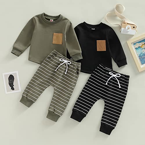 Toddler Baby Boy Girl Fall Winter Clothes Long Sleeve Crewneck Pullover Sweatshirt Tops Elastic Waist Long Pants Set (Stripes-Army Green , 12-18 Months )