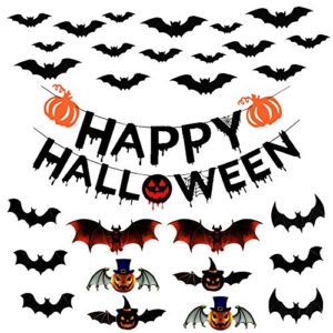 jolly sweets happy halloween banner set with scary bat stickers 28pcs, pumpkin sign designed with ghost, with scary 3d bat wall stickers, halloween decorations, halloween party supplies