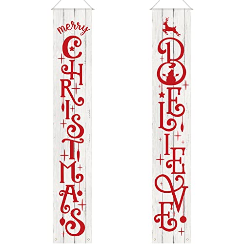 Tatuo 2 Pieces Christmas Porch Signs Merry Christmas Hanging Banners Christmas Wall Banners for Holiday Home Indoor Outdoor Porch Wall Christmas Decoration (White)