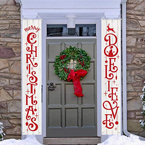 Tatuo 2 Pieces Christmas Porch Signs Merry Christmas Hanging Banners Christmas Wall Banners for Holiday Home Indoor Outdoor Porch Wall Christmas Decoration (White)