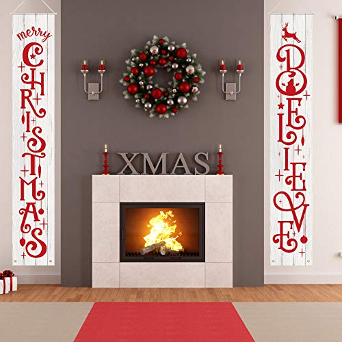 Tatuo 2 Pieces Christmas Porch Signs Merry Christmas Hanging Banners Christmas Wall Banners for Holiday Home Indoor Outdoor Porch Wall Christmas Decoration (White)