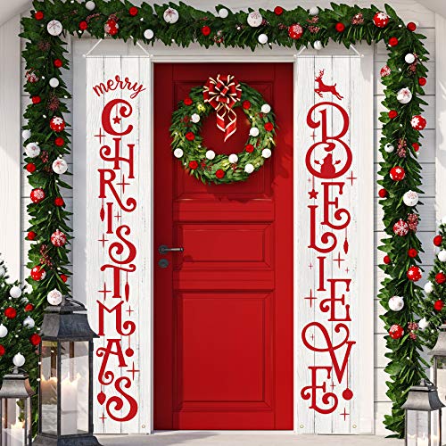 Tatuo 2 Pieces Christmas Porch Signs Merry Christmas Hanging Banners Christmas Wall Banners for Holiday Home Indoor Outdoor Porch Wall Christmas Decoration (White)