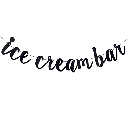 Ice Cream Bar Black Glitter Banner Sign Garland Pre-strung for Ice Cream Themed Birthday Party Baby Shower Decorations/ Wedding/ Engagement Party Decoration Supplies