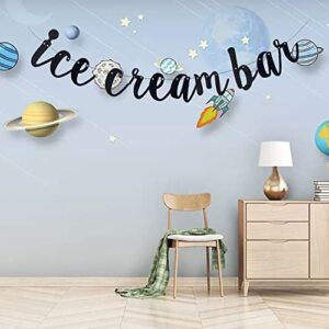 Ice Cream Bar Black Glitter Banner Sign Garland Pre-strung for Ice Cream Themed Birthday Party Baby Shower Decorations/ Wedding/ Engagement Party Decoration Supplies