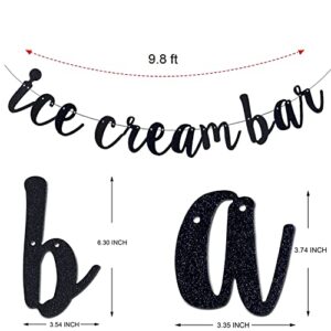 Ice Cream Bar Black Glitter Banner Sign Garland Pre-strung for Ice Cream Themed Birthday Party Baby Shower Decorations/ Wedding/ Engagement Party Decoration Supplies