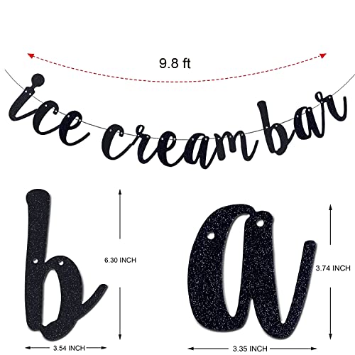 Ice Cream Bar Black Glitter Banner Sign Garland Pre-strung for Ice Cream Themed Birthday Party Baby Shower Decorations/ Wedding/ Engagement Party Decoration Supplies