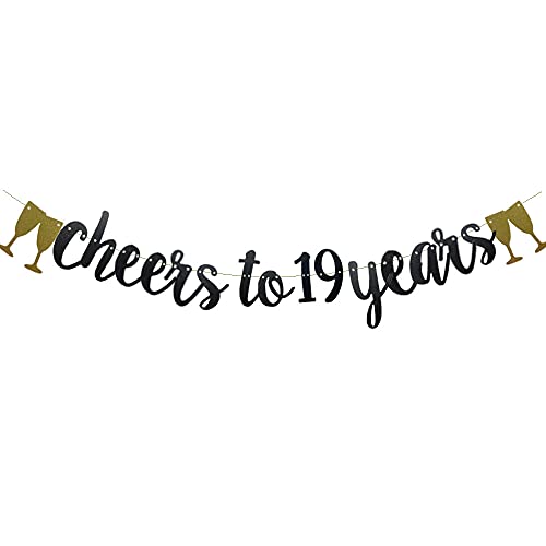 Cheers To 19 Years Banner,Pre-Strung, Black Paper Glitter Party Decorations For 19TH Wedding Anniversary 19 Years Old 19TH Birthday Party Supplies Letters Black ZHAOFEIHN