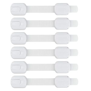 6 pack baby safety strap locks child proof locks with adhesive pads, easy installation, no drilling, adjustable strap latches for drawers, toilet, fridge, dishwasher (white)