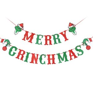 merry grinchmas banner red & green glitter, grinch christmas decorations, grinchmas christmas decorations, merry grinchmas decorations,christmas party decorations,xmas mantel fireplace home indoor outdoor party decorations supplies