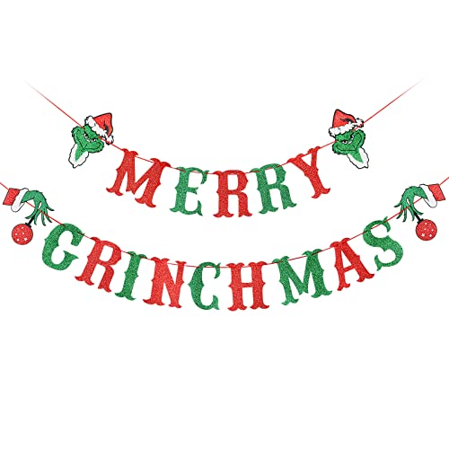 Merry Grinchmas Banner Red & Green Glitter, Grinch Christmas Decorations, Grinchmas Christmas Decorations, Merry Grinchmas Decorations,Christmas Party Decorations,Xmas Mantel Fireplace Home Indoor Outdoor Party Decorations Supplies