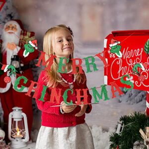 Merry Grinchmas Banner Red & Green Glitter, Grinch Christmas Decorations, Grinchmas Christmas Decorations, Merry Grinchmas Decorations,Christmas Party Decorations,Xmas Mantel Fireplace Home Indoor Outdoor Party Decorations Supplies