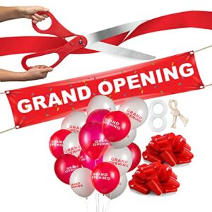 deluxe grand opening ribbon cutting ceremony kit – 25″ giant scissors with red satin ribbon, banner, bows, balloons & more