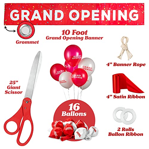 Deluxe Grand Opening Ribbon Cutting Ceremony Kit - 25" Giant Scissors with Red Satin Ribbon, Banner, Bows, Balloons & More