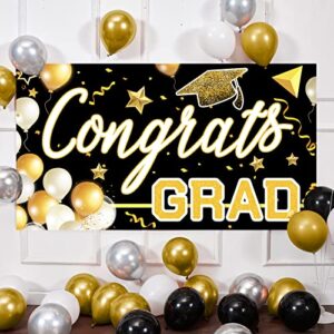 bunny chorus black and gold graduation party decorations 2022, 71″ x 40″ graduation backdrop, 2022 graduation banner, congrats grad banner for prom graduation party supplies