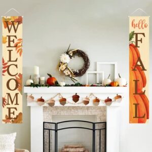 Fall Decor- Fall Decorations for Home - Welcome & Hello Fall Signs for Front Door Harvest Decoration - Hanging Leaves and Pumpkins Porch Banners for Autumn Home Decor