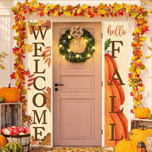 Fall Decor- Fall Decorations for Home - Welcome & Hello Fall Signs for Front Door Harvest Decoration - Hanging Leaves and Pumpkins Porch Banners for Autumn Home Decor
