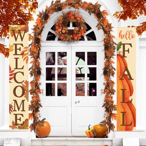 Fall Decor- Fall Decorations for Home - Welcome & Hello Fall Signs for Front Door Harvest Decoration - Hanging Leaves and Pumpkins Porch Banners for Autumn Home Decor