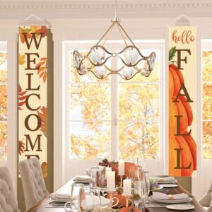 Fall Decor- Fall Decorations for Home - Welcome & Hello Fall Signs for Front Door Harvest Decoration - Hanging Leaves and Pumpkins Porch Banners for Autumn Home Decor